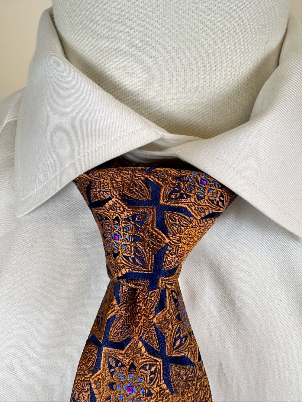Bruno Piattelli Men XL Necktie Copper & Navy Geometric Floral Jacquard Silk Tie